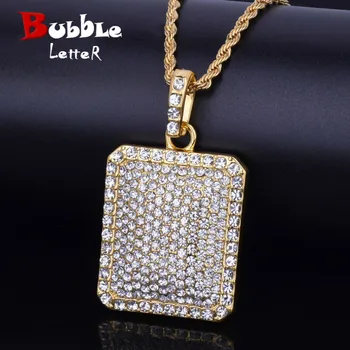 

Men Pendant Full Iced Rhinestone Gold Color Charm Square Dog Tag Necklace With Cuban Chain Hip Hop Jewelry 3.3x3.9cm