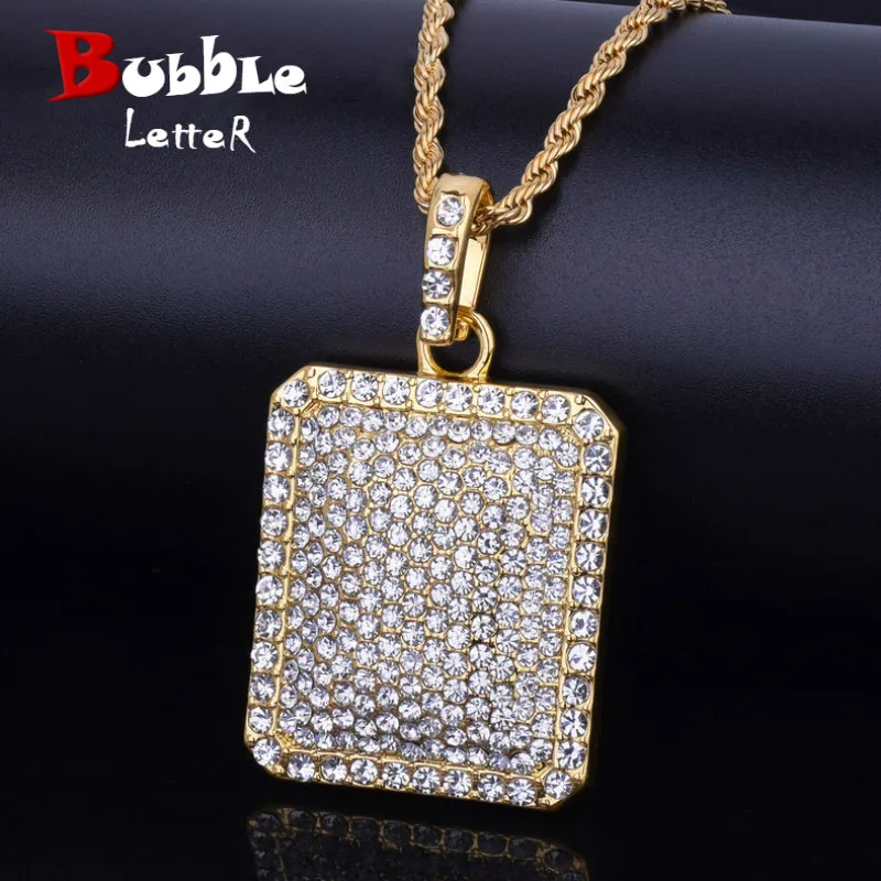 

Men Pendant Full Iced Rhinestone Gold Silver Color Charm Square Dog Tag Necklace With Cuban Chain BlingBling Hip Hop Jewelry