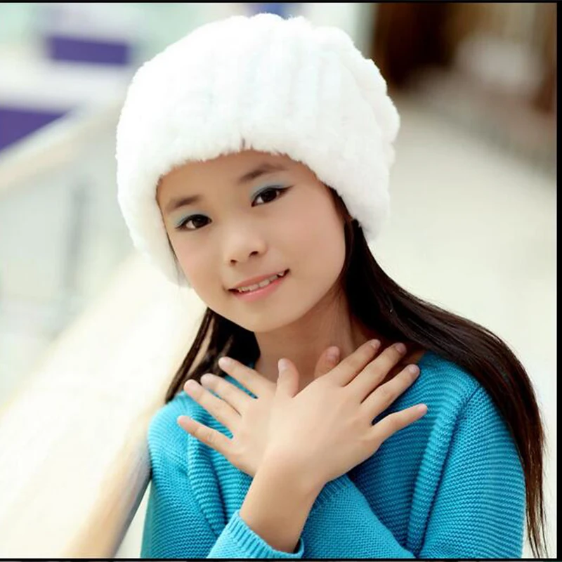 

Russian Hot Sale Children Knitted Rabbit Fur Hats Girl Winter Warm Beanie Hat Real Fur Solid Hat scarf Cap Free Shipping QMH65
