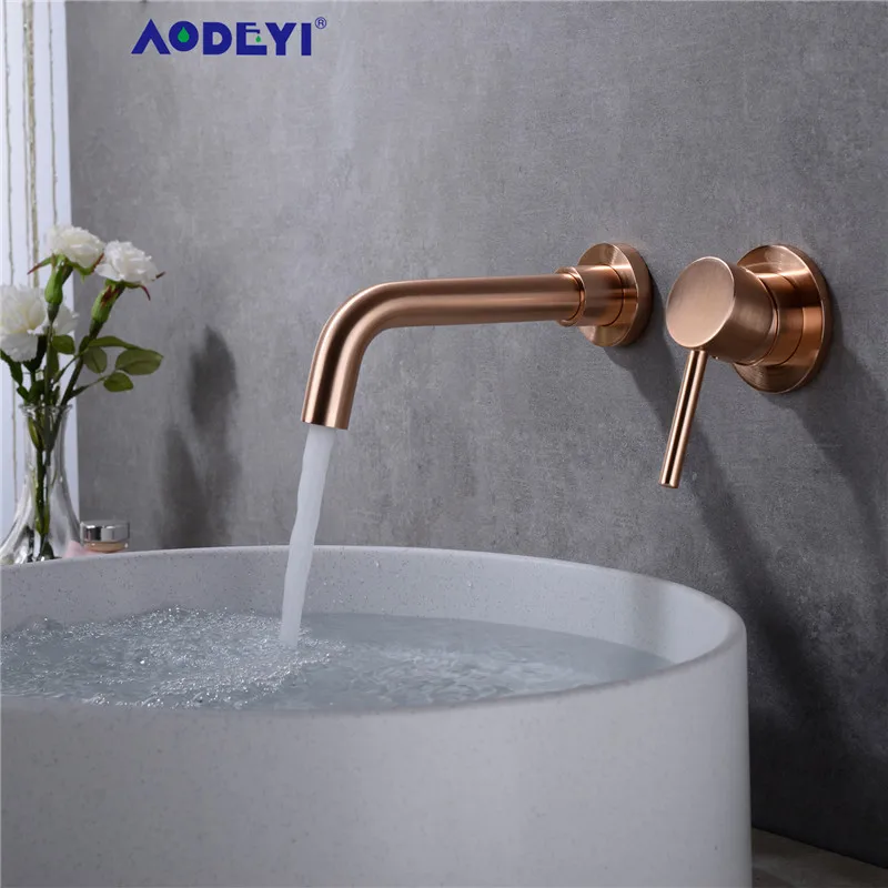 Preise AODEYI Matte Messing Wand Montiert Becken Wasserhahn Einzigen Handgriff Bad Mischbatterie Heißer Kalten Waschbecken Wasserhahn Rotation Auslauf Poliertes Gold