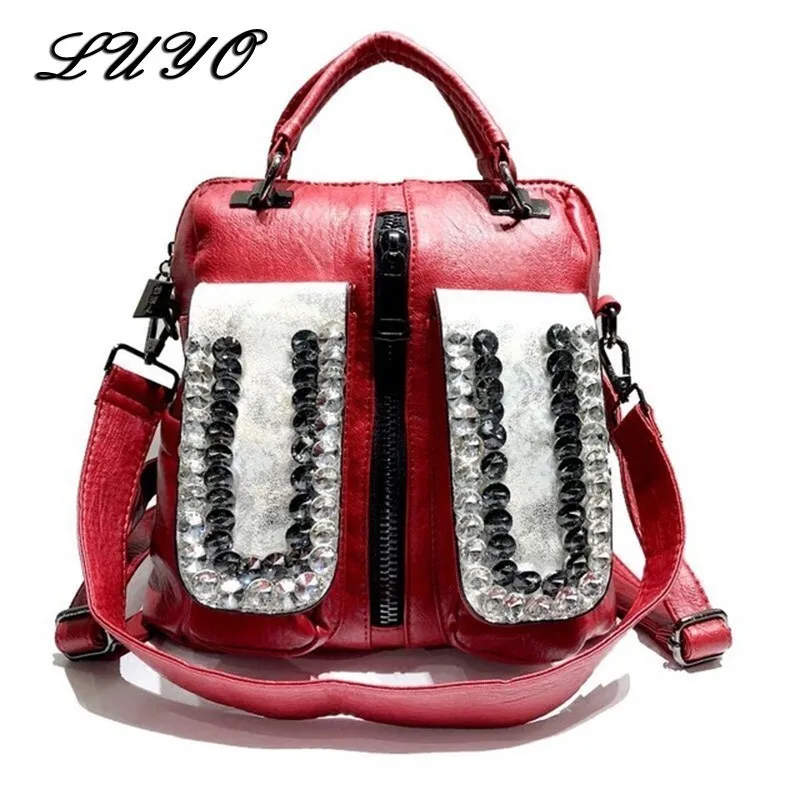 

2019 Fashion Genuine Leather Diamond Drill Black Vintage Designer Cool Backpack Female Women Bagpack Sac A Dos Rugzak Mochila