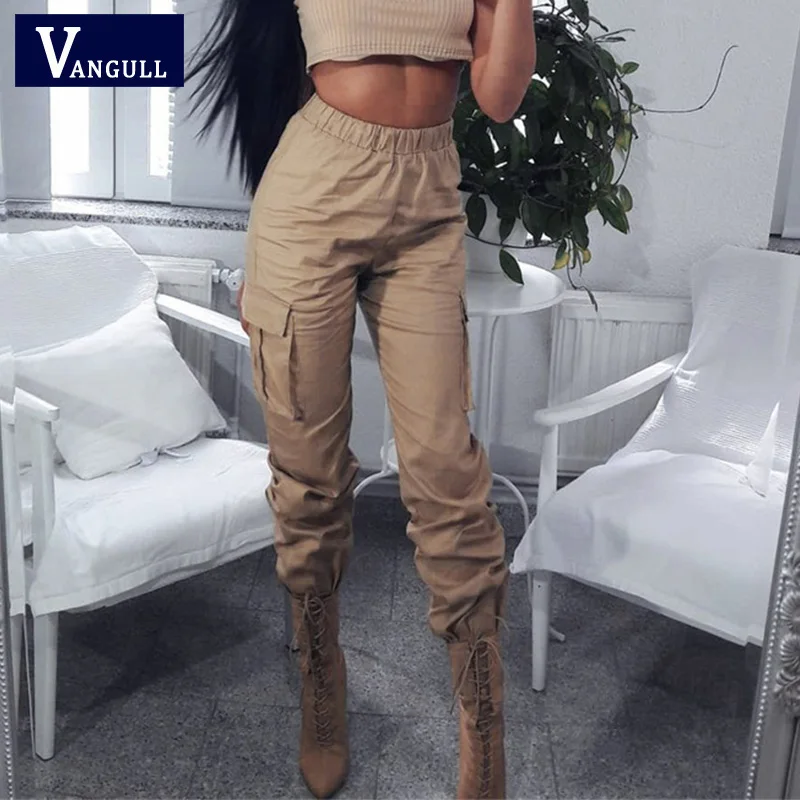 Vangull Solid High Waist Women Pants 2021 New Spring Fashion Side Big Pocket Female Loose Cargo Casual Sweatpants | Женская одежда