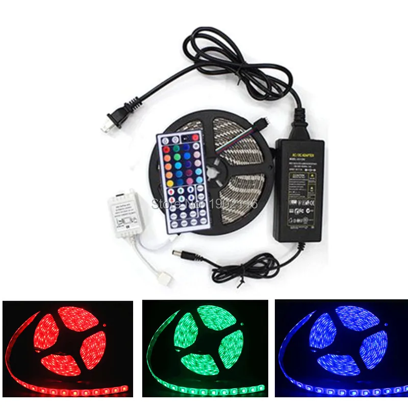 #cheap Free Shipping IP65 Waterproof Light Stripe 5M 5050 RGB LED Strip 300 Lamp Bead +44 Key Infrared Controller + Power Adapter