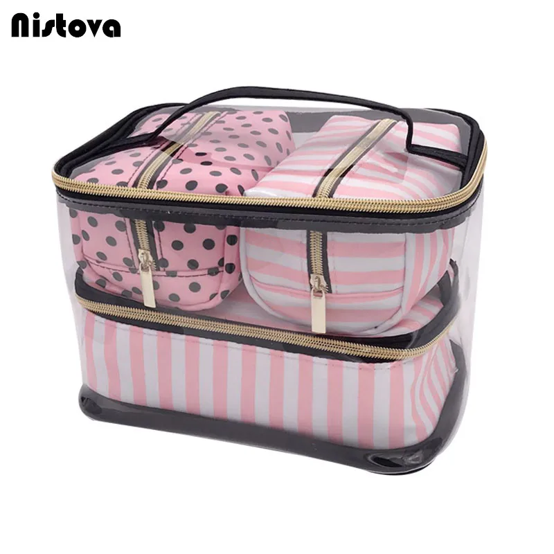 PVC Transparent Cosmetic Bag Travel Toiletry Bag Set Pink Make up Organizer Pouch Makeup Case ...