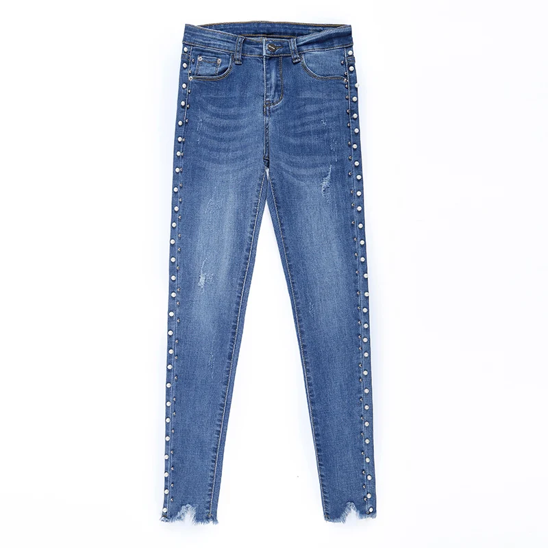 Ripped Skinny Jeans Fashion Pearl Beaded Pencil Denim Jeans Spring