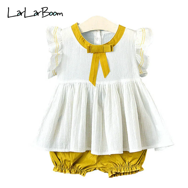 

LarLarBoom Girls Summer Clothes Set New Arrive Kids Casual Chiffon Bow Pullover Tops + Solid Shorts Baby Girls Clothe Two-piece