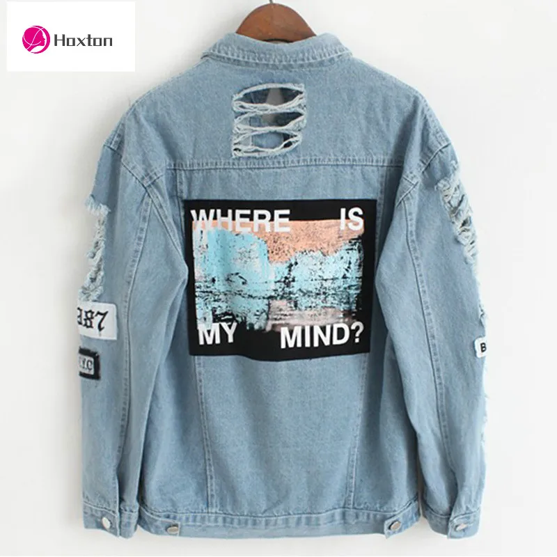 

Frayed denim bomber jacket for women print where is my mind lady Vintage elegant Outwear fashion autumn coat Vangull
