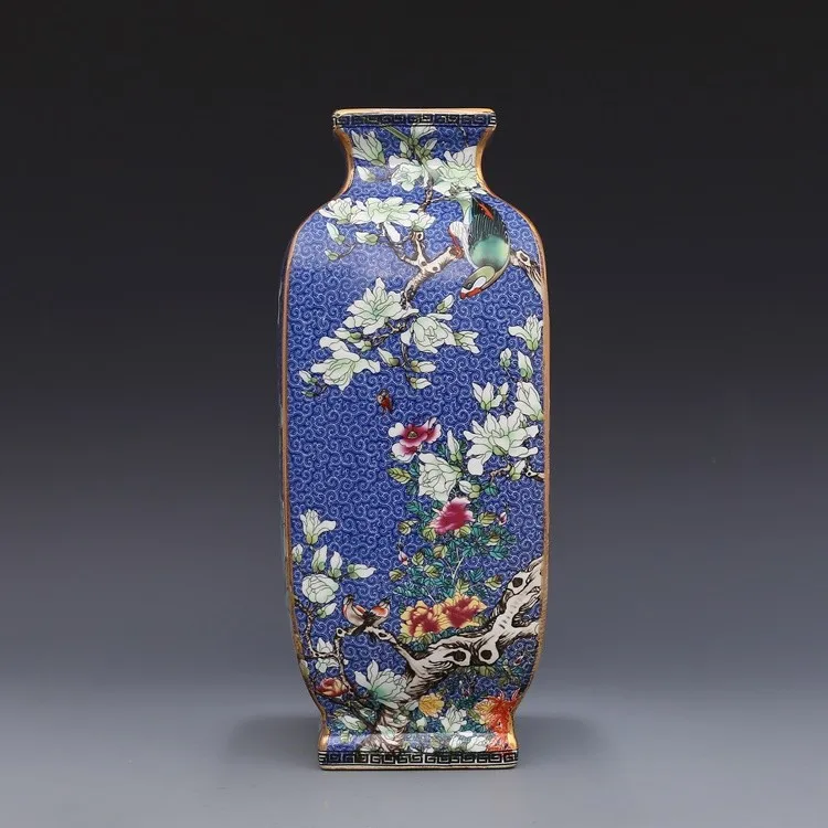 Qing Dynasty Qianlong год марка эмаль цветок и птица площадь большая ваза античный фарфор древняя фарфоровая коллекция