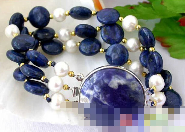 

FREE SHIPPING>>>@@ > 01329 3ROW NATUREL blue coin lapis lazuli pearl BRACELET