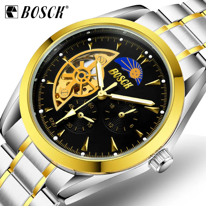 

BOSCK New Top Brand Luxury Watches Mens Steel Strap Hollow Automatic Mechanical Watch Male Waterproof Watch Relogio Masculino