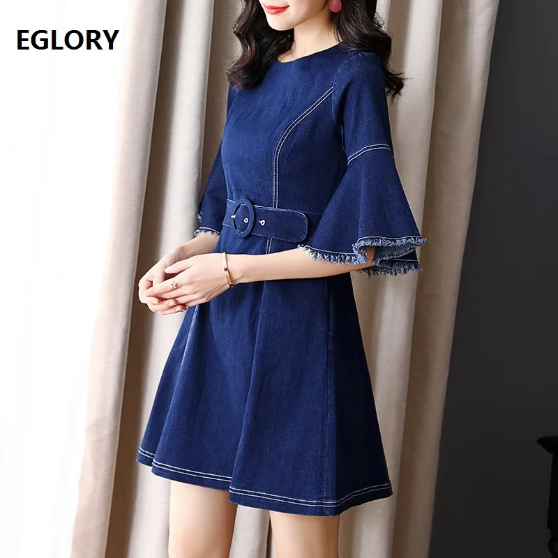 High Quality Denim Dress 2019 Spring Summer Casual Dress Women Color Block Stitching Flare Sleeve High Waist Blue Jeans Dress