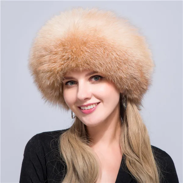 Меховая шапка для женщин, натуральный Лисий мех, русские шапки-ушанки, зимние толстые теплые уши, модная шапка-бомбер, Новое поступление - Цвет: Drift gold