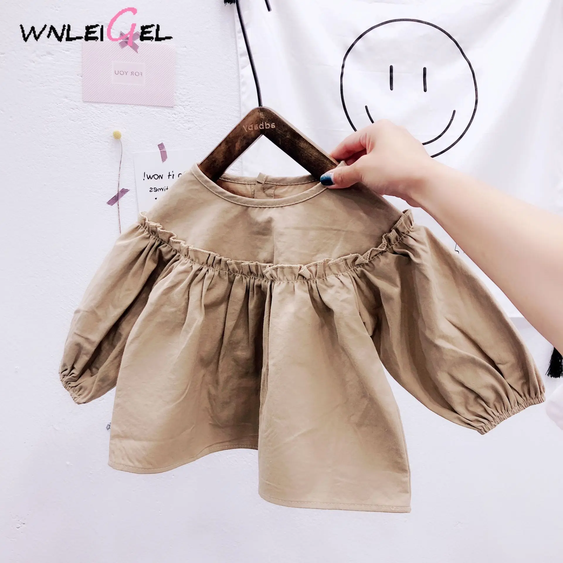 

WLG spring girls solid blouses kids casual ruffle white khaki cotton shirts baby all match clothes children 2-6 years