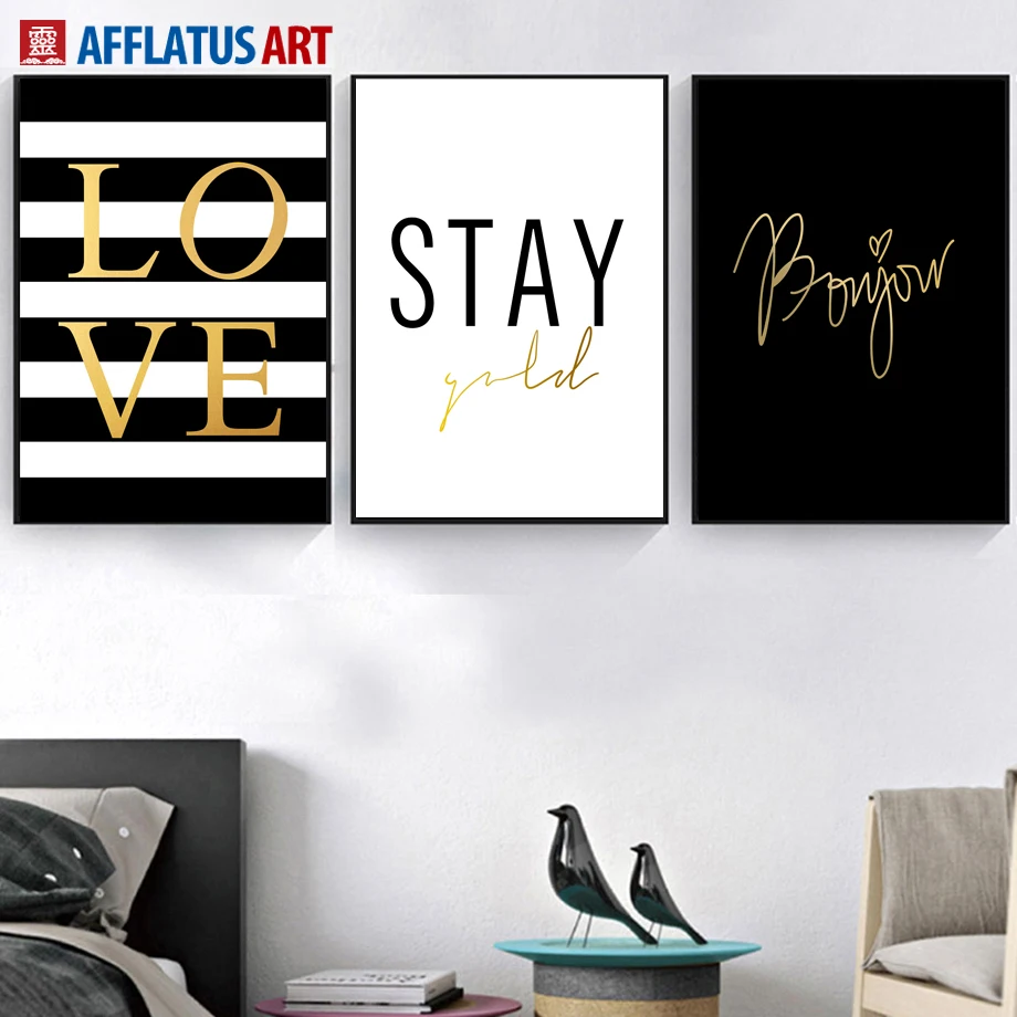 

Golden Love Stay Quotes Wall Art Canvas Painting Nordic Posters And Prints Black White Wall Pictures For Living Room Home Decor