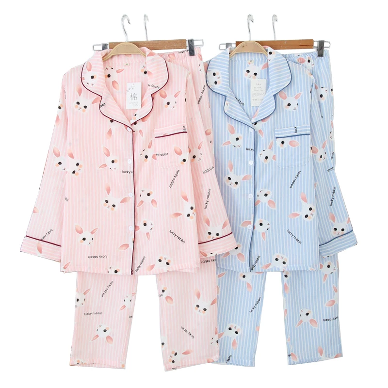 

Cute rabbit sleepwear women pajamas set spring 100% gauze long-sleeved homewear female casual nightgown women pyjamas pink 2019