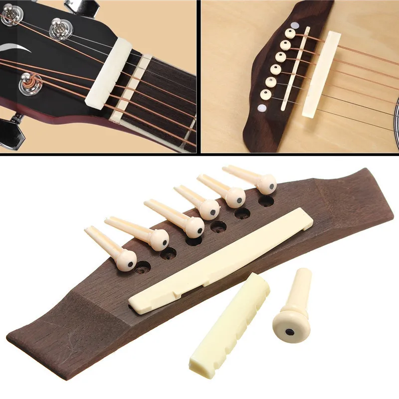 1Set 6 String Acoustic Guitar Bone Bridge Saddle and Nut and 6pcs Guitar of