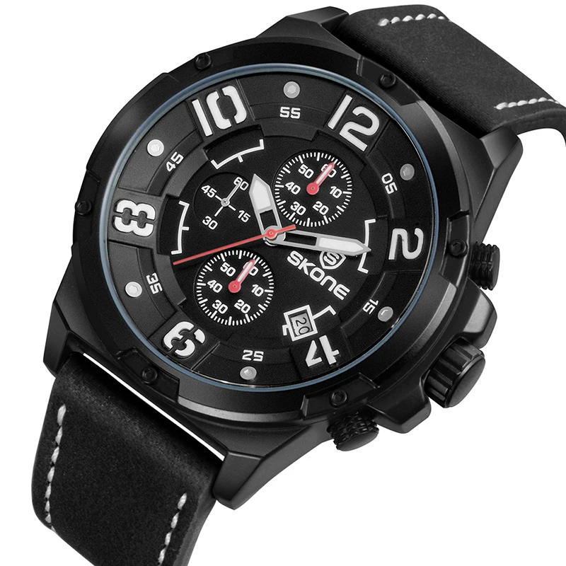 

SKONE Fashion Big Case Quartz Watch Men 3 Dial 6 Hand Decoration Date Display Leather Strap Outdoor Sports Mens Watch Top Brand