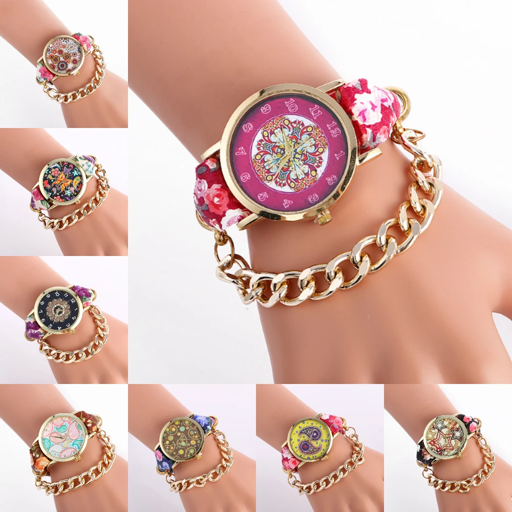 

Wholesale Women National Style Big Chain Cloth Flower Watch Wrap Around Quartz Watches Women Dress Wristwatch