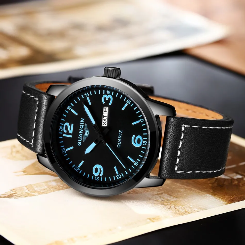 Новинка GUANQIN Мужские Бизнес часы Топ бренд класса люкс водонепроницаемые неделя Дата Топ бренд класса люкс кожаный ремешок кварцевые часы Montre Homme