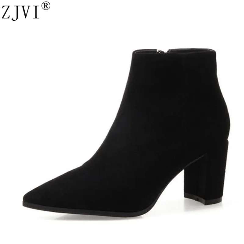 

ZJVI Women suede Genuine leather pointed toe Ankle boots womens Autumn winter boots 2018 Woman fashion square high heels shoes