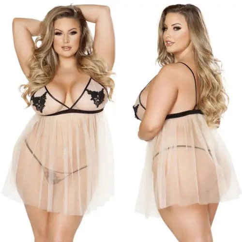 

Women Sexy Solid Nightwear Sleepwear Dress Lace Babydoll Mini Dress Perspective arrival Women Clothing Plus Size