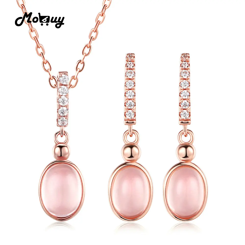 

MoBuy Cute 925 Sterling Silver Jewelry Set Oval Natural Gemstone Pink Rose Quartz Rose Gold Plated Fine Jewelry For Women V021EN