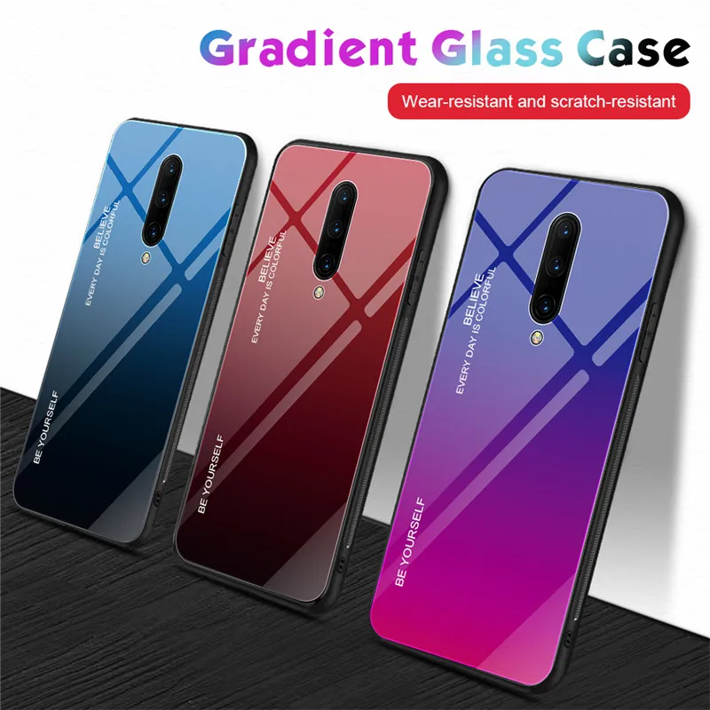 

USLION Glass Gradient Color Phone Case For Oneplus 7 7 Pro 6 6T Shockproof Protection Hard Cover Tempered Glass Back Cases