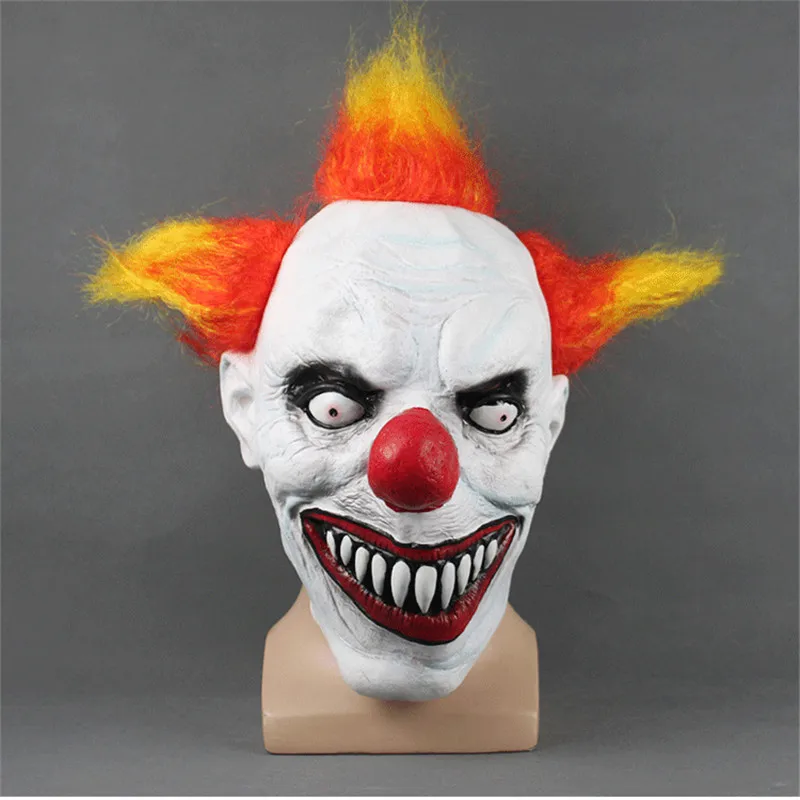 Scary Joker Clown Mask With Orange Hair Wide Smile Latex Evil