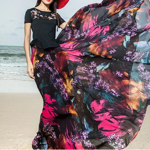 Летняя мода размера плюс, Повседневная шифоновая черная Цветочная длинная юбка с высокой талией в пол/Длинная женская юбка с цветком - Цвет: Многоцветный
