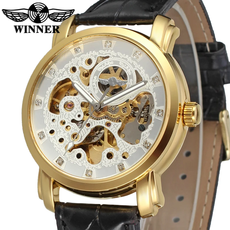 

WRG8078M3G3 2015 new arrival black leather band wristwatch free shipping winner Automatic gold skeleton watch for men brand