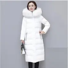 Высококачественная длинная куртка на молнии с капюшоном, зимний пуховик с меховым воротником, женские толстые теплые белые пуховые пальто, женские пальто