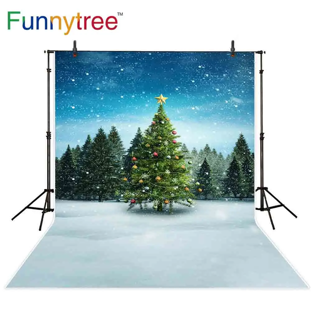 Funnytree Рождественский фон фотография голубое небо Открытый Снег украшения для деревьев зимние детские фото задники для съемок фотосессия