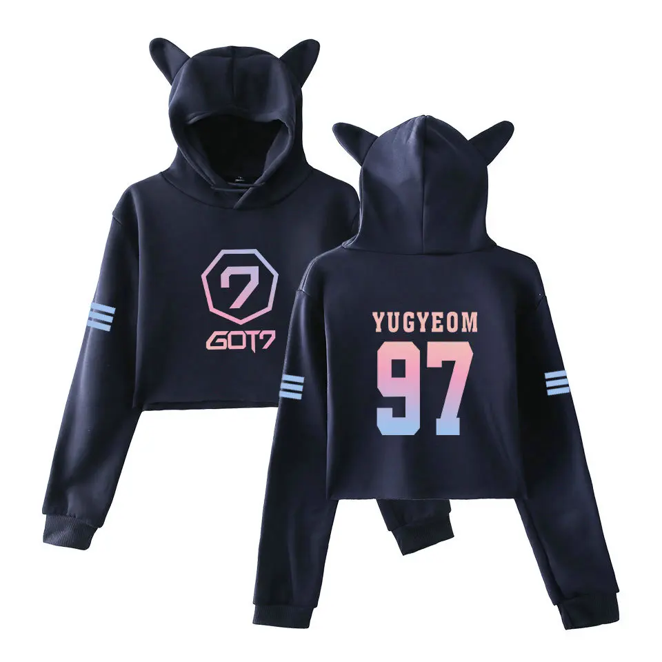 WEJNXIN KPOP GOT7 кошачьими ушками толстовки Для женщин с именами членов группы Print Crop Top хип-хоп толстовка пикантные укороченные Для женщин Moletom - Цвет: Navy 97 YUGYEOM