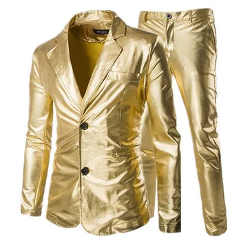 

Fashion Men's Casual Boutique Slim Hot Stamping Suit 2 Pieces Set / Men's Slim Two-button Gold Blazer Jacket Coat Trousers Pants