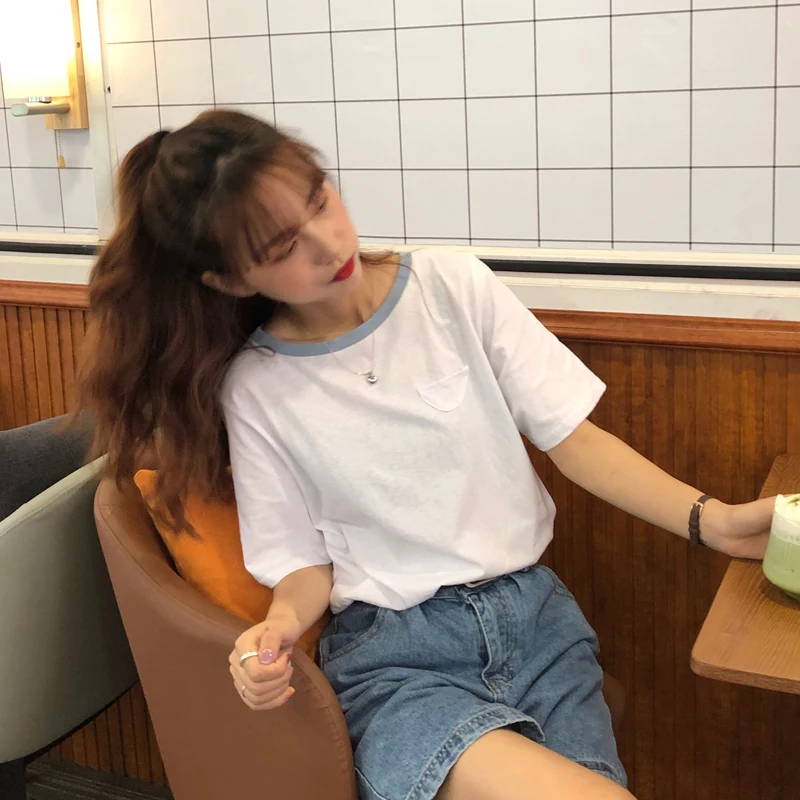 

2 colors 2019 summer korean style color patchwork pocket tops womens short sleeve funny t-shirts womens tee shirt femme (C6470