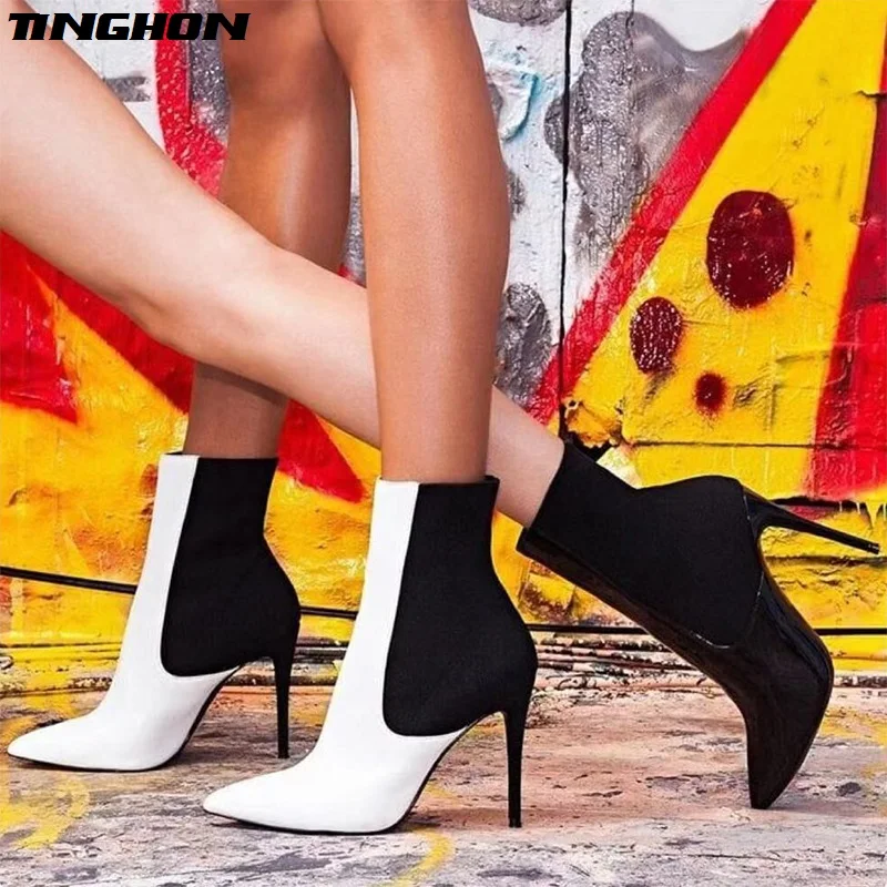 

TINGHON Spring/Autumn Fashion Women Ankle Boots 12cm High Thin Heel Ladies Shoes Zipper Lace Up Design Female Women Boots