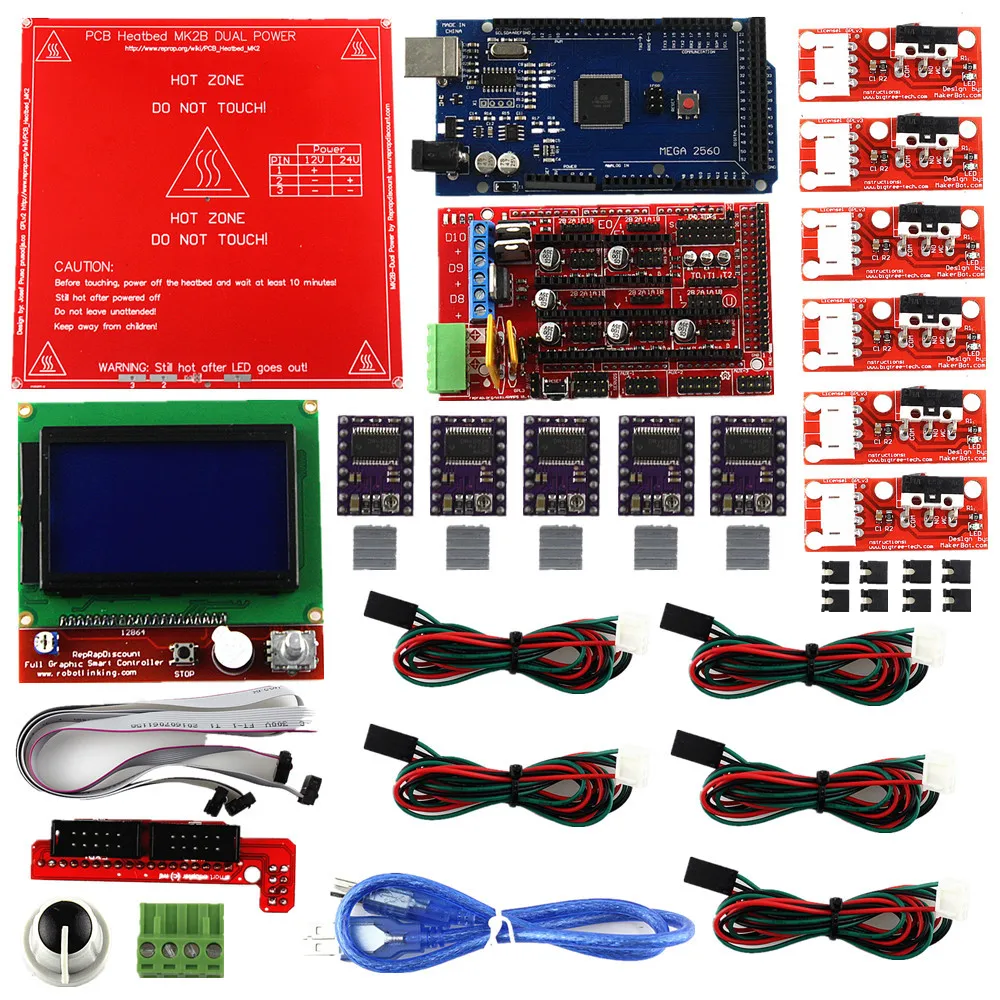 3D Printer Kit for Arduino Mega 2560 R3 + MK2B + RAMPS 1.4 Controller + LCD 12864 + 6x Limit Switch Endstop + 5x DRV8825 Driver