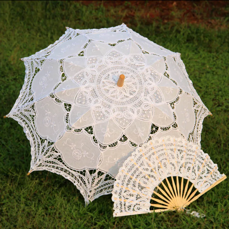 Cotton Battenburg Lace Handmade Lace Parasol and Fan Set Lolita Gothic Party Decoration Men's Umbrella Gifts Hand Fan