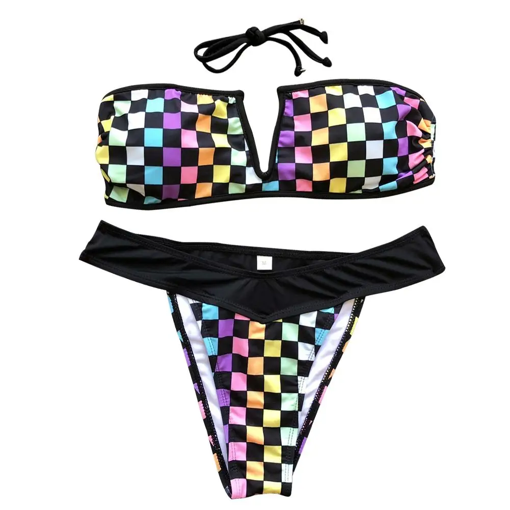 

Grid Bikini V Neck Split Ladies Swimsuit Hot And Sexy Style Colorful Looking Checkered Pattern Type Bikinis Set Woman Swim Wear