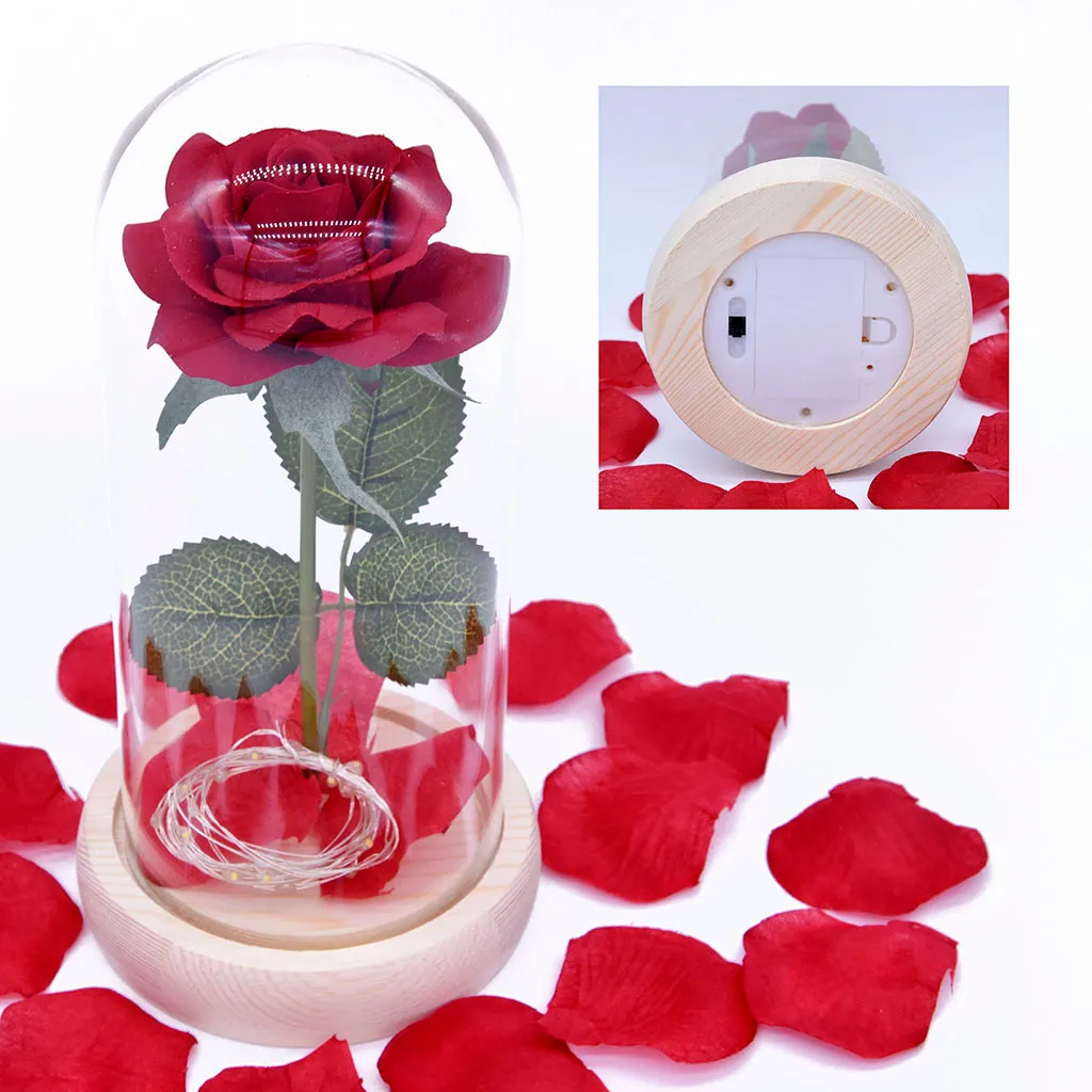 Flower Beauty And The Beast Romantic Simulation Rose Glass Cover Led Micro Landscape Decoration Maison Fleur Artificielle Rose