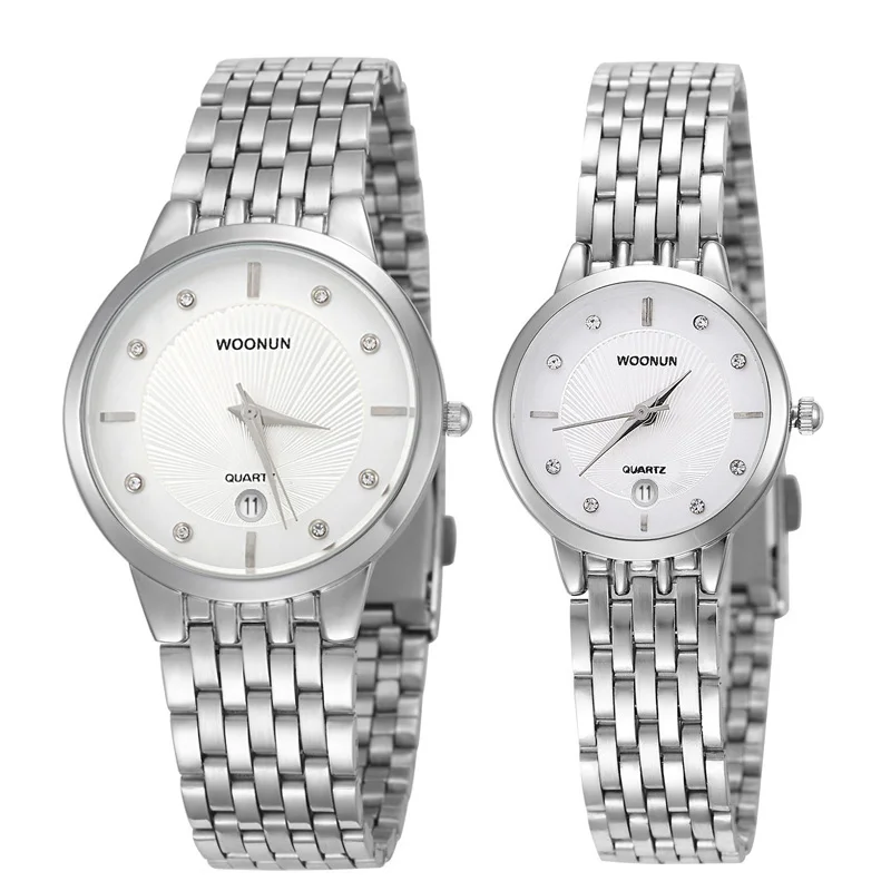 WOONUN Элитный бренд нержавеющая сталь парные кварцевые часы для любителей моды для мужчин женщин ультра тонкий часы водостойкий
