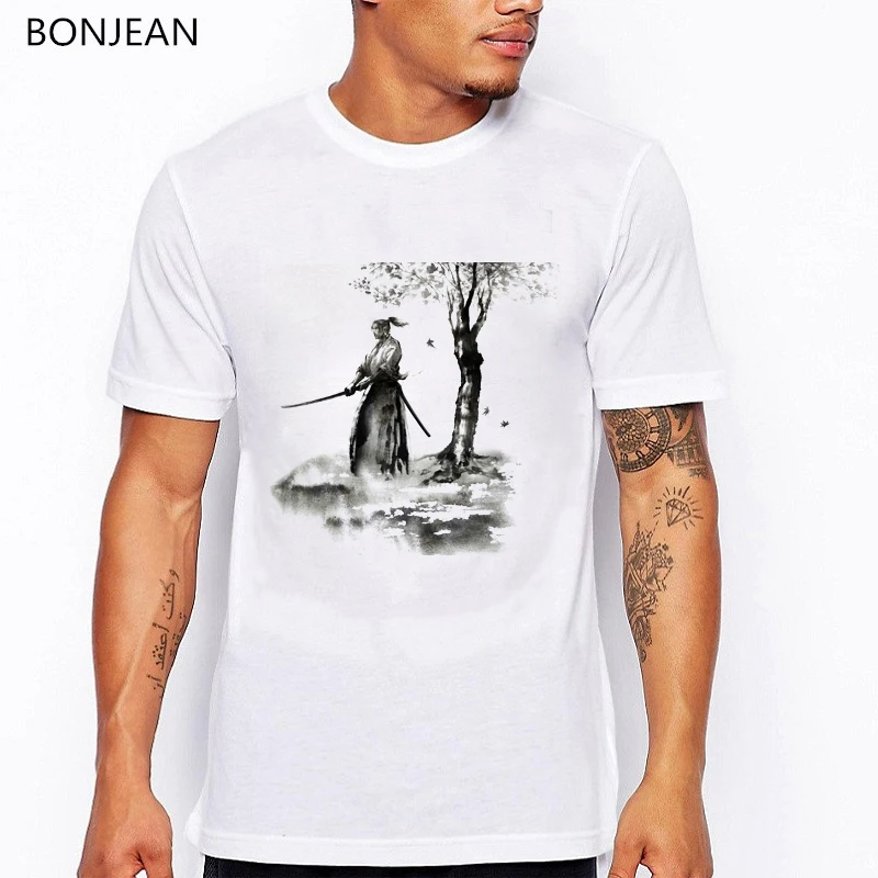 

Japanese Samurai Tshirt men Vintage ink Cherry Blossom print cool tee shirt homme summer white camisetas hombre anime t shirt