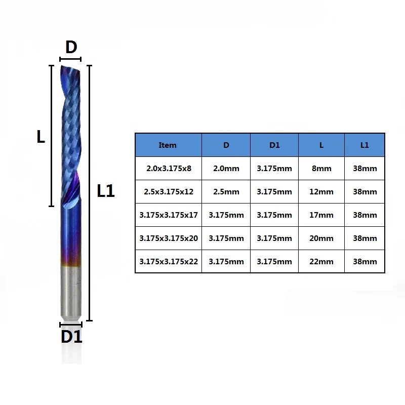 XCAN 10 шт. 3,175 хвостовика синий покрытием Одна Флейта с ЧПУ для вырезания гребней и Вольфрам твердосплавные спиральные концевые фрезы Резак 2/2. 5/3. 175 мм