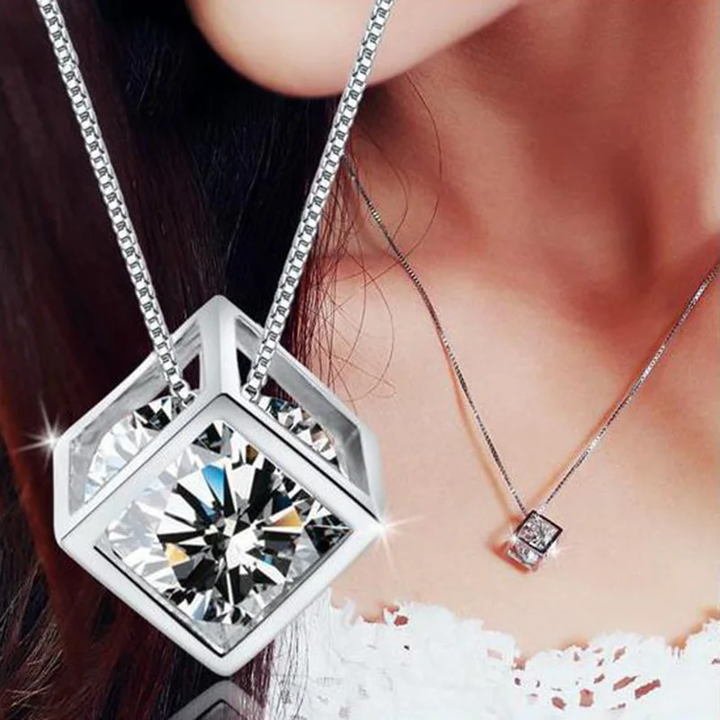 925 Silver Necklace Square Cube 45cm Box Chains White K Plated Level Zircon Top Quality Lasting Shine For Women Girls Wedding