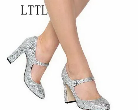 real picture bling glitter woman shoes 2017 round toe buckle strap high heel shoes the bride wedding shoes thick heels pumps