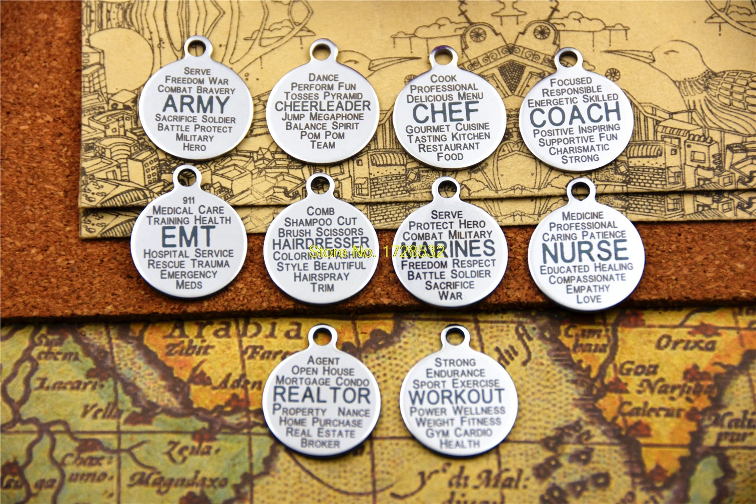

20pcs--Occupation stainless steel charms "ARMY/CHEERLEADER/CHEF//EMT/HAIRDRESSER/MARINES/NURSE/REALTOR/WORKOUT" diy pendant