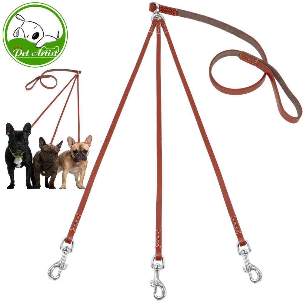 

Three Way No Tangle Puppy Dog Leash Coupler Leather Triple Dog Leash Lead Tangle Free For Walking 3 Dogs