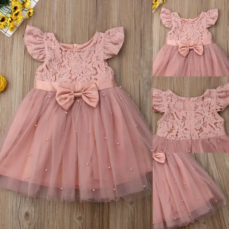 

2019 Flower Girl Dress Wedding Dress Birthday Dress Pageant Bowknot Mesh Fly Sleeve Dresses Lace Tulle Dresses Hot Sale