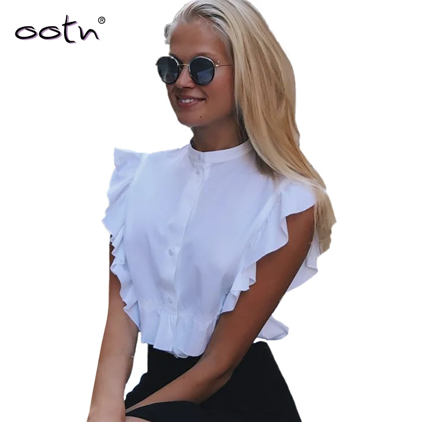 

OOTN 2019 Summer Sleeveless White Tunic Blouses Women Ruffled Crop Tops Female Short Shirts Ladies Office Chemise Femme Fashion