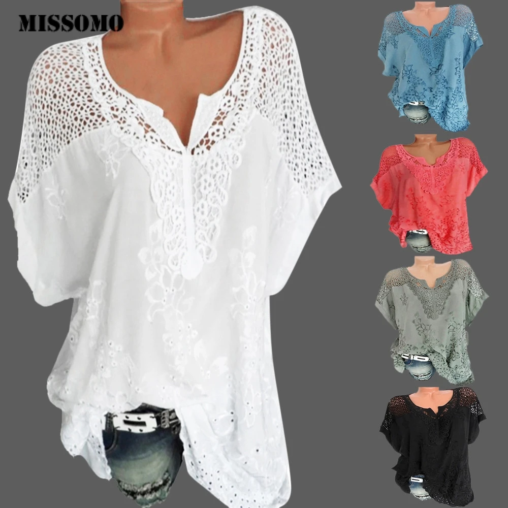 

MISSOMO Clothes Women tshirt V-Neck Short Sleeve Hollow Out tops Casual summer Top women T-Shirt woemn plus size 5xl 625